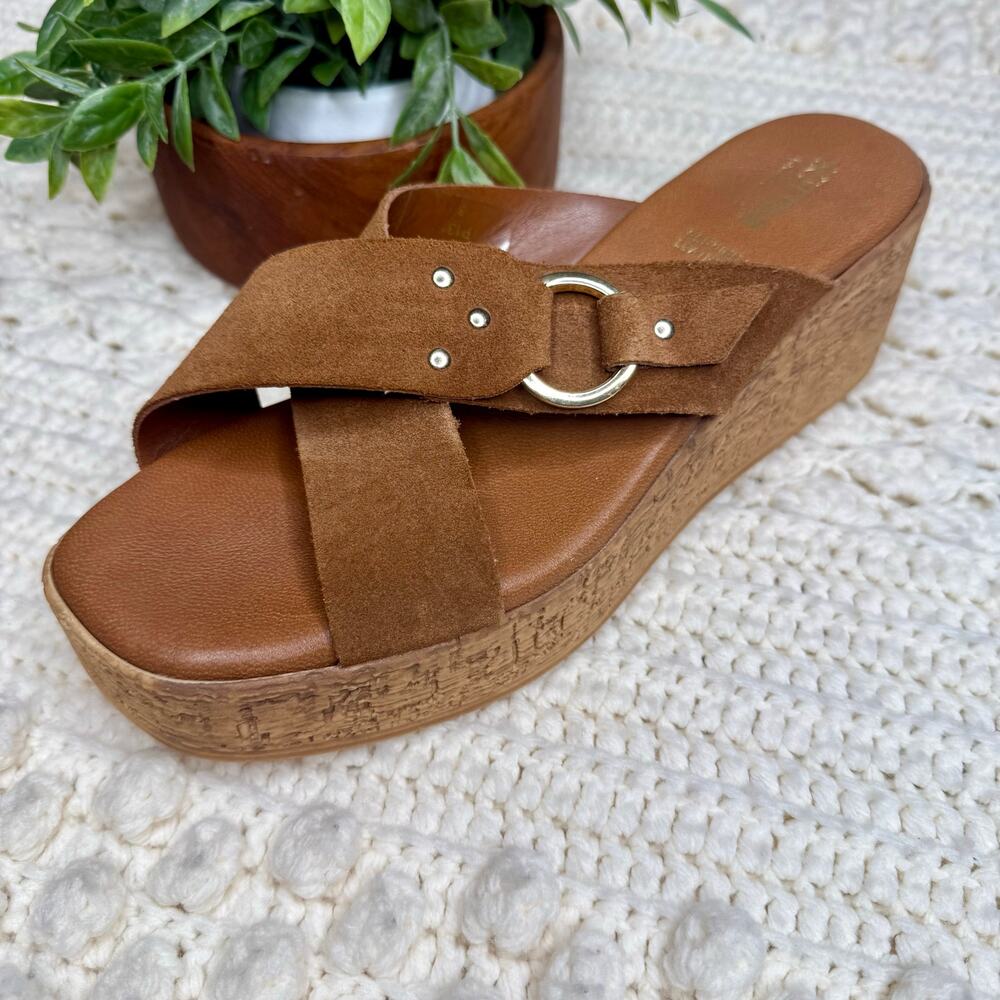 NEW LOTTINI ITALY Womens 39 US 9 Cross Band Buckle Cork Wedge Slide Sandal Brown - Picture 6 of 16